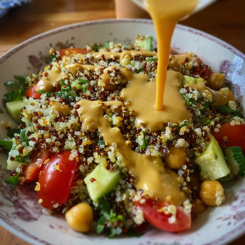 15-Minute chickpea quinoa salad topped with cumin tahini dressing in a bowl