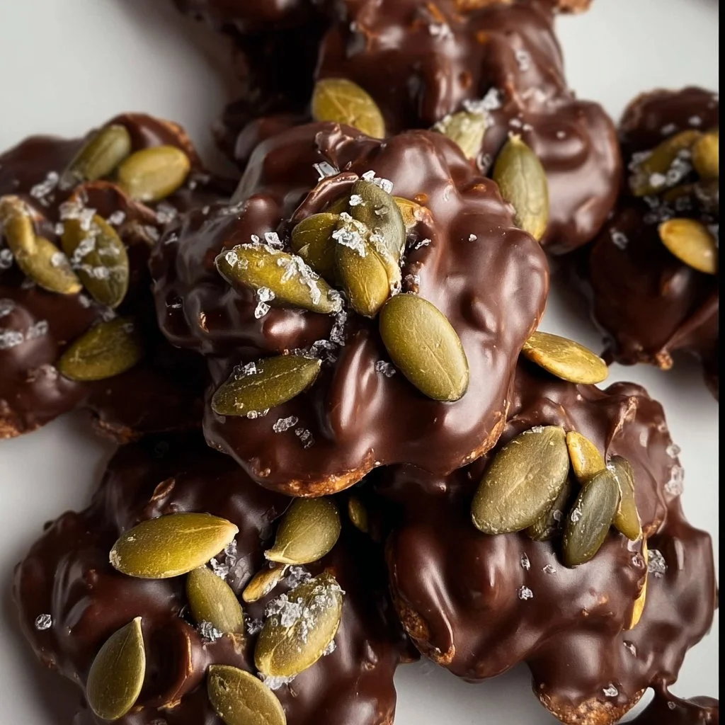 Chocolate covered pumpkin seeds clusters snack with a rich chocolate coating