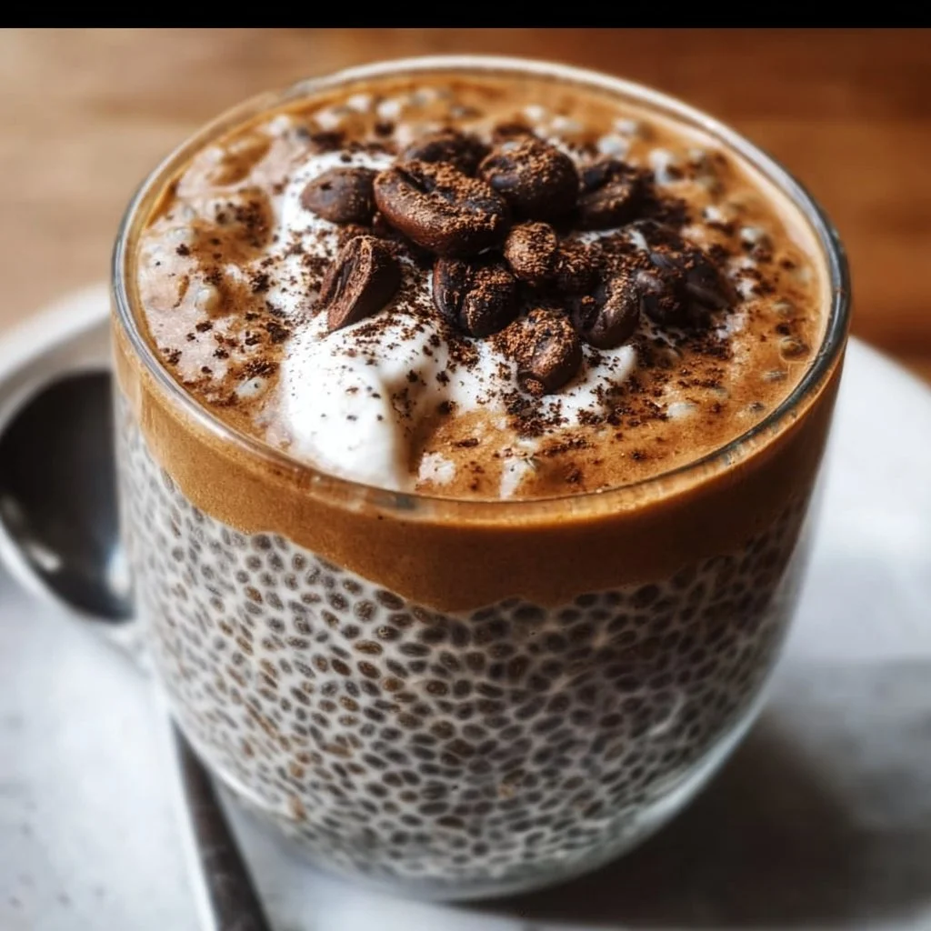 Delicious coffee chia seed pudding served in a bowl with toppings