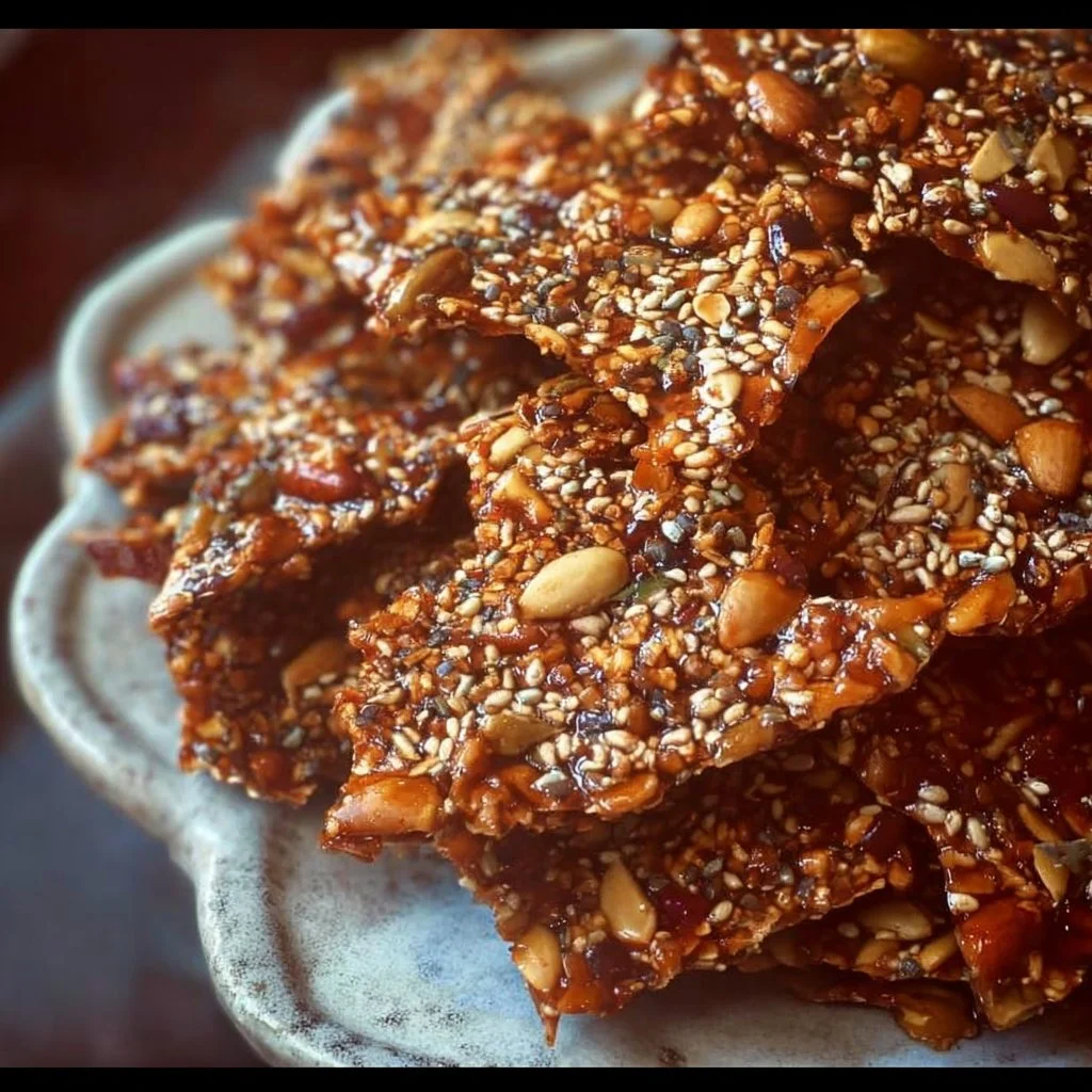 Homemade easy seed and nut brittle on a rustic wooden table