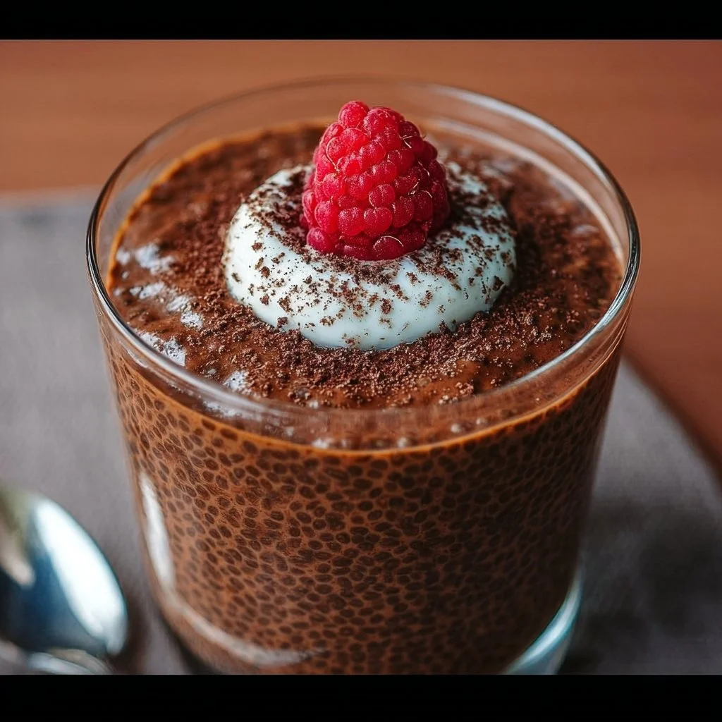 Delicious high protein chocolate chia seed pudding topped with fruits.