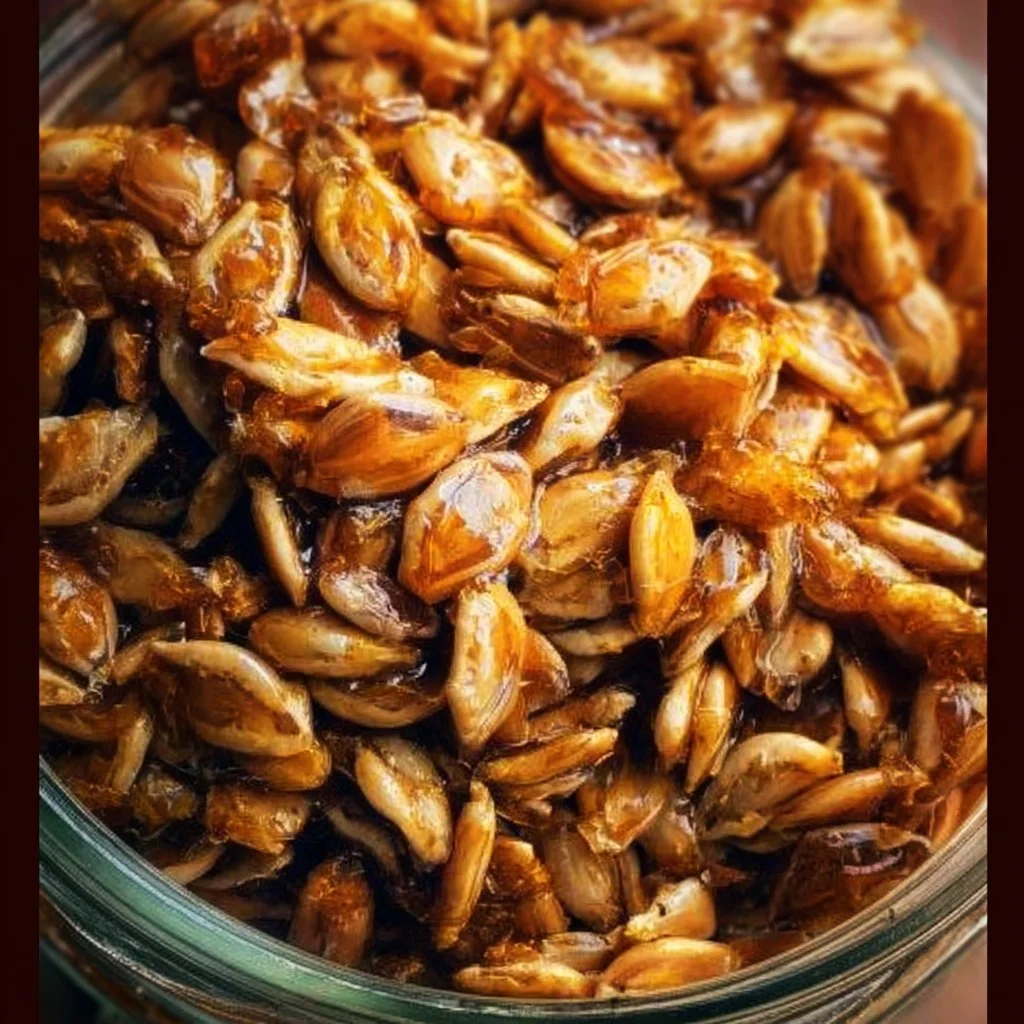A bowl of honey roasted sunflower seeds, showcasing their sweet glaze and crunchy texture.