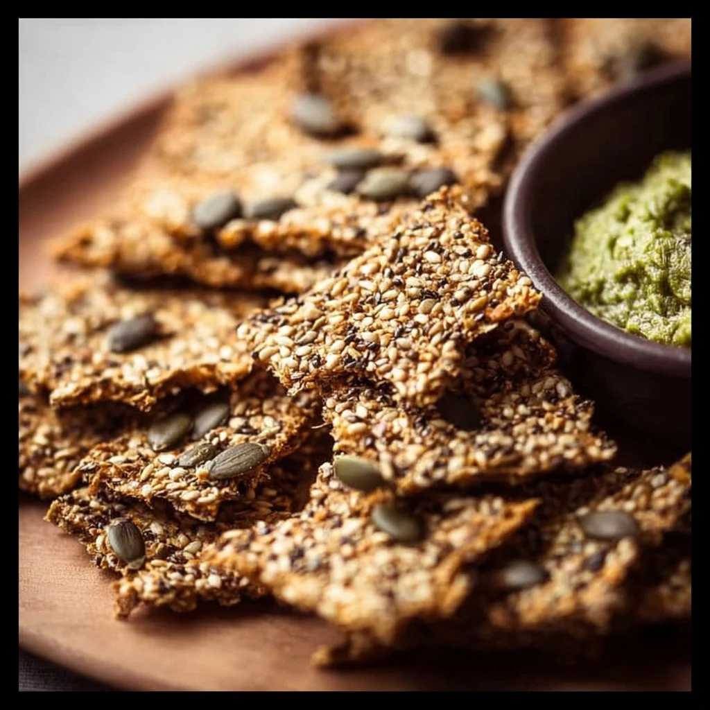 A selection of mixed seed crackers in a bowl, healthy snack option.