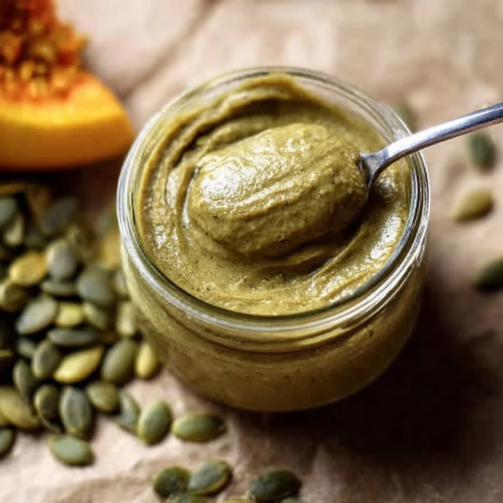 Delicious pumpkin seed butter in a jar with seeds and a spoon