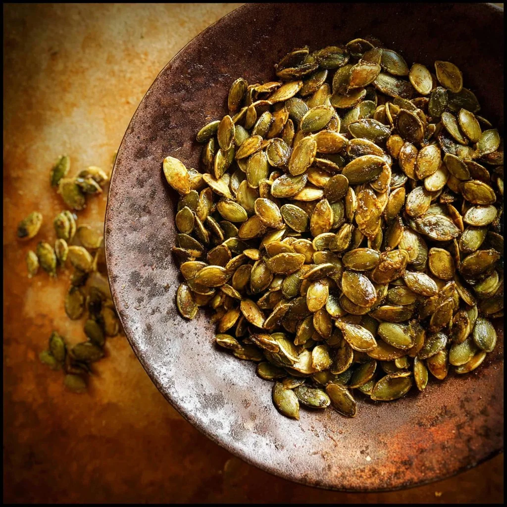 Bowl of roasted pepitas (hulless pumpkin seeds) ready for snacking.