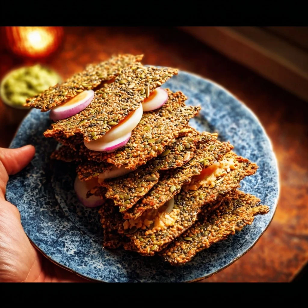 Homemade seed crackers on a rustic wooden board, healthy snack recipe