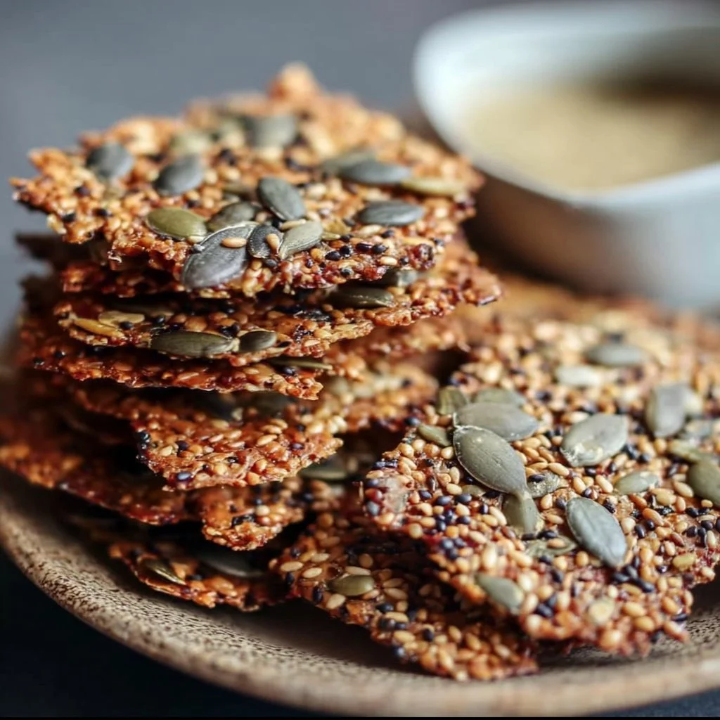 Homemade seed crackers displayed on a wooden platter with dipping sauce