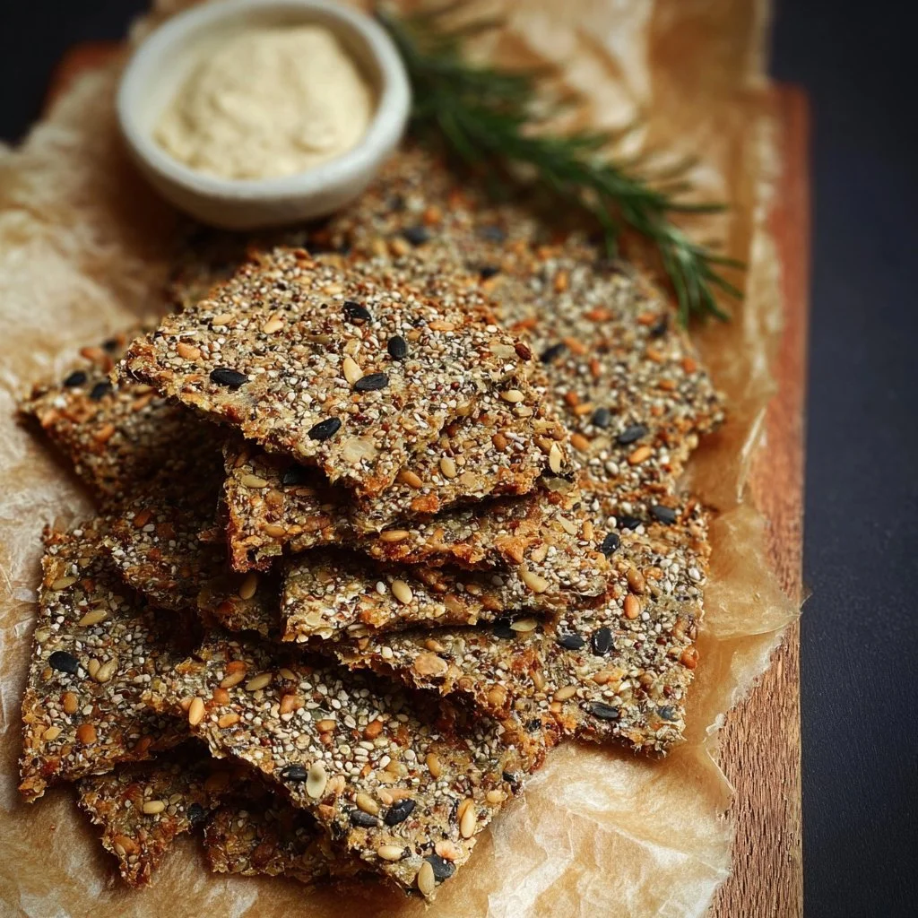 Homemade seeded crackers with rosemary, perfect for snacking or serving with dips.