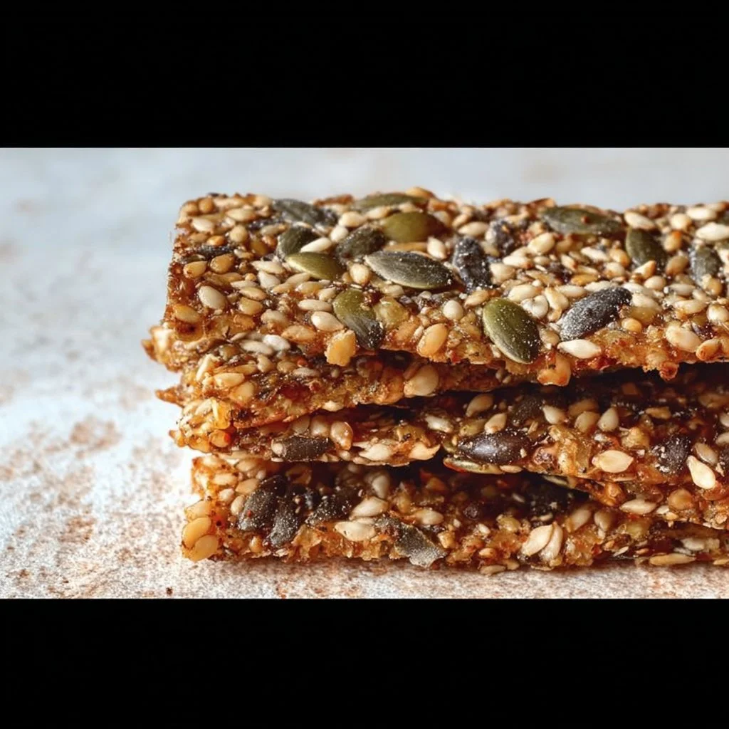 Super crispy seed crackers on a wooden serving board