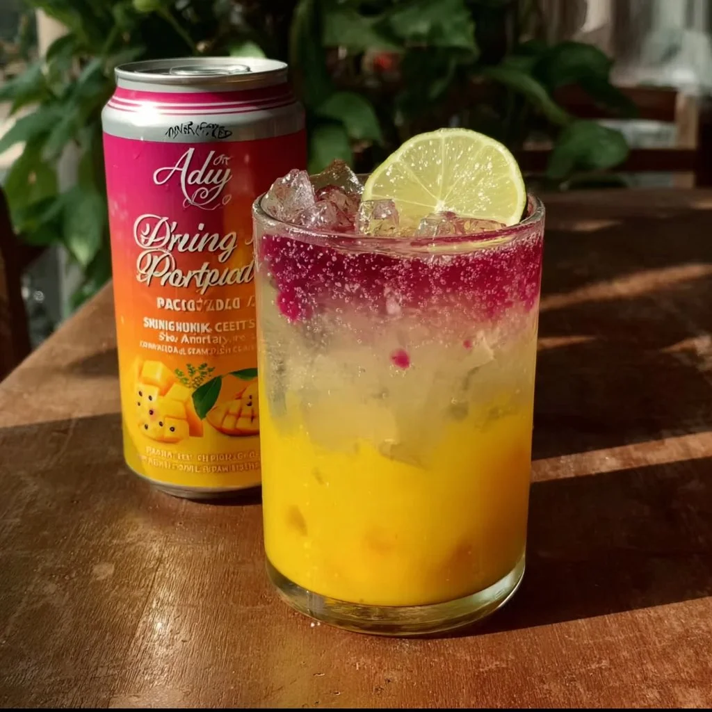 Refreshing sunset sparkling drink with pineapple mango juice and frozen dragonfruit.