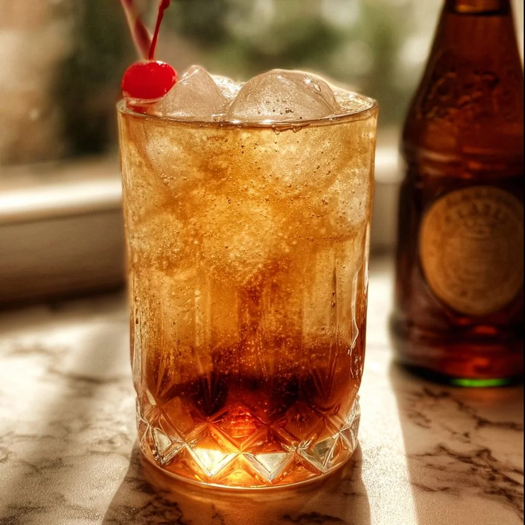 A delicious glass of Amaretto Cream Soda topped with whipped cream and a cherry.
