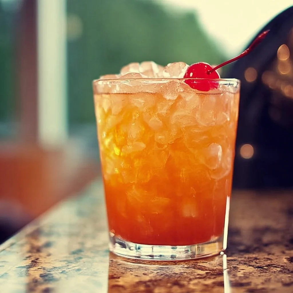Colorful Amaretto Island Punch cocktail served in a tropical glass with garnishes.