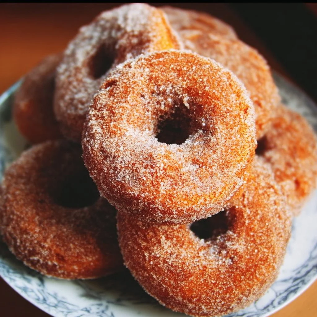 Delicious homemade apple cider donuts dusted with cinnamon sugar