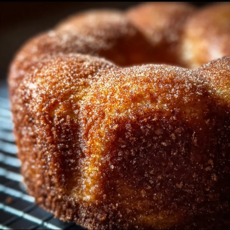 Apple Cider Doughnut Cake topped with Cinnamon Sugar on a rustic wooden table.