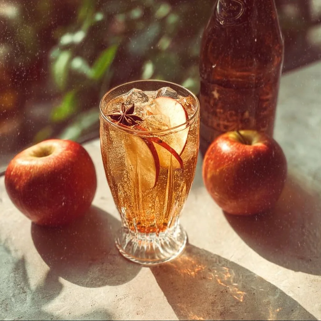 A refreshing Apple Cider Spritz cocktail with apple slices and cinnamon stick garnish.