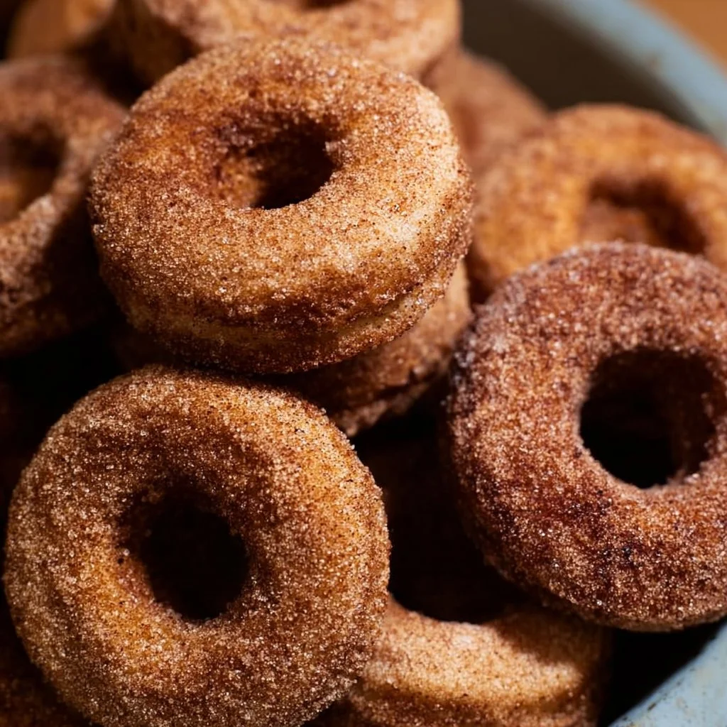 Delicious baked apple cider donuts dusted with cinnamon sugar on a plate.