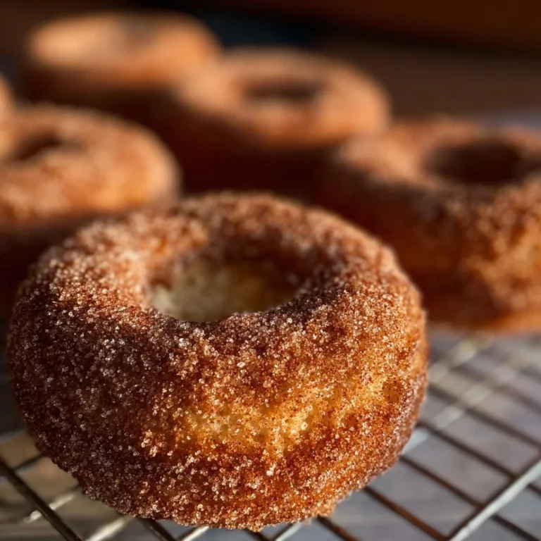 Baked apple cider donuts fresh out of the oven, topped with cinnamon sugar