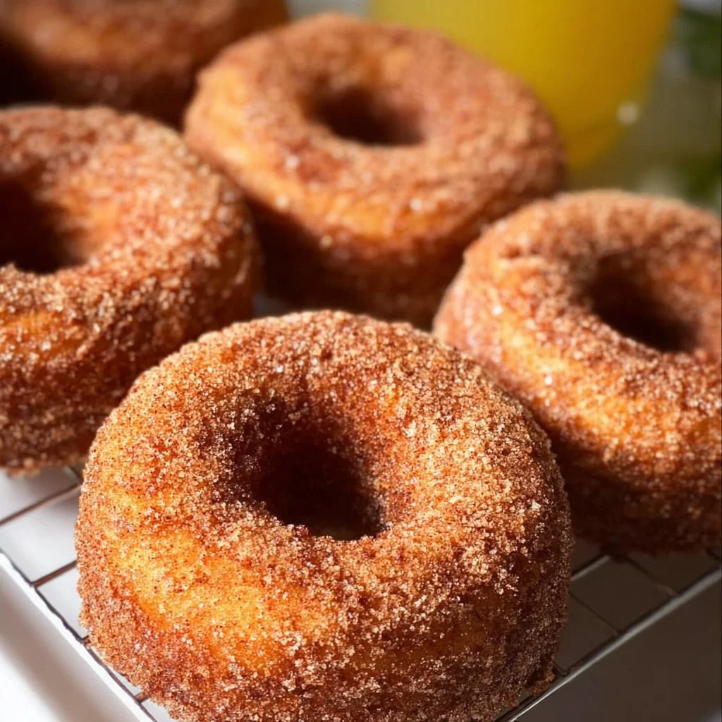 Delicious baked apple cider donuts topped with cinnamon sugar