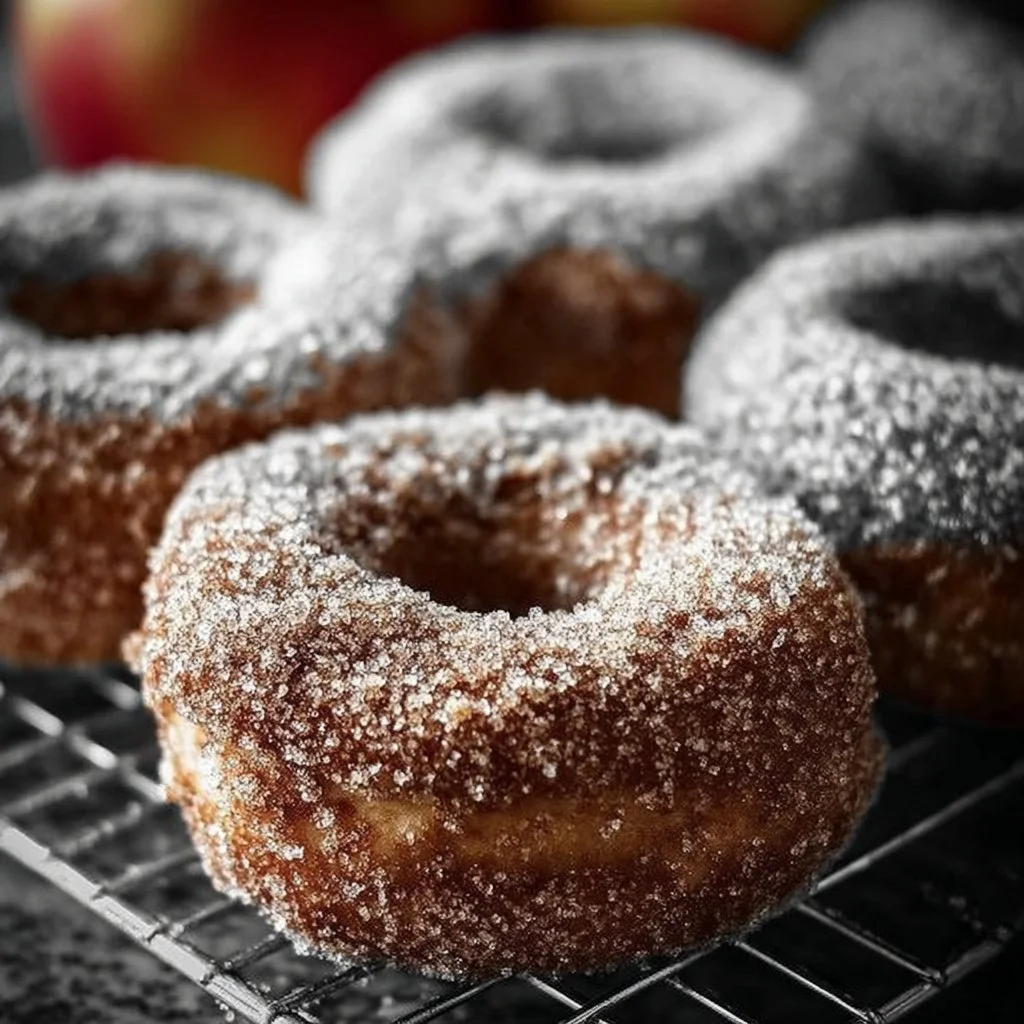 Baked apple cider donuts topped with cinnamon sugar on a wooden table.