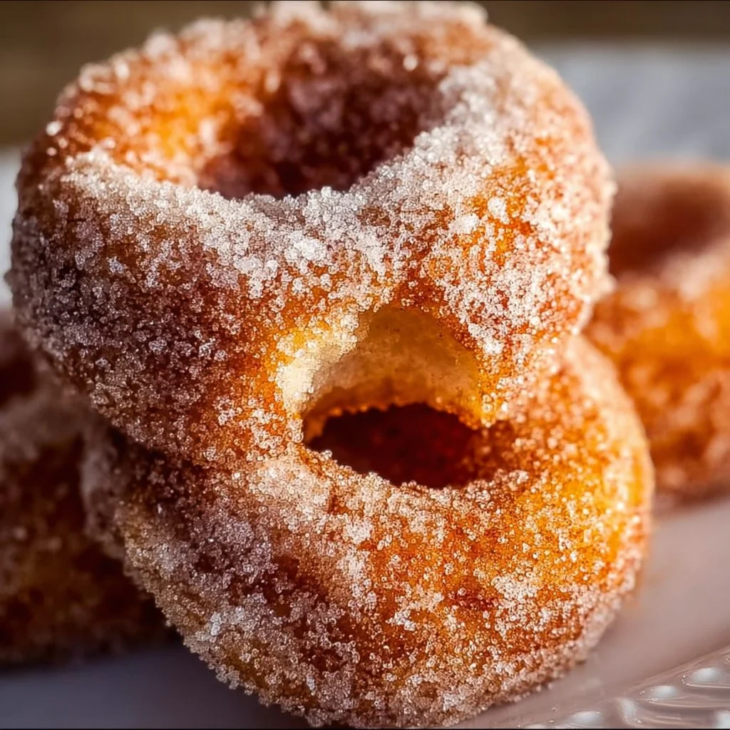Freshly made fried apple cider donuts stacked on a plate