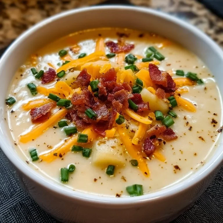 Bowl of creamy loaded potato soup topped with bacon, cheese, and green onions
