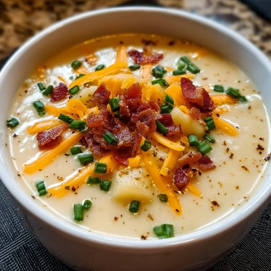 Bowl of creamy loaded potato soup topped with bacon, cheese, and green onions