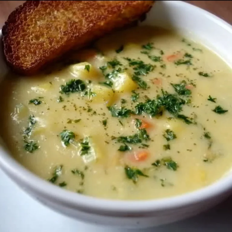 Bowl of creamy potato leek soup garnished with fresh herbs