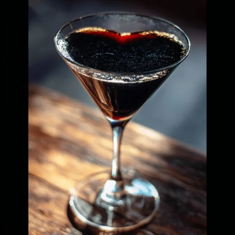 Elegant Black Heart Martini cocktail garnished with a cherry in a chic glass.