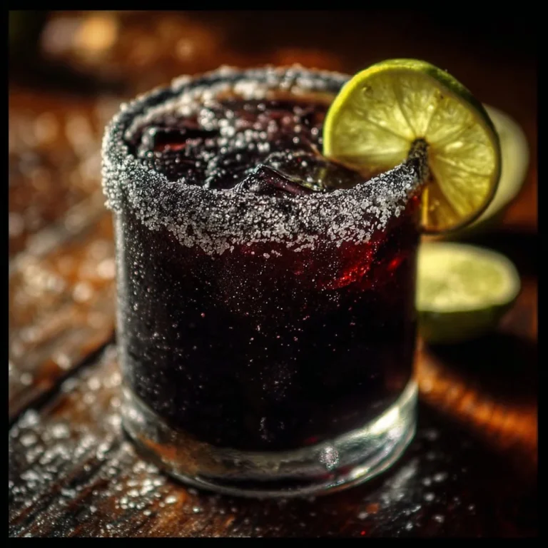 Black Margarita cocktail garnished with lime and salt on the rim