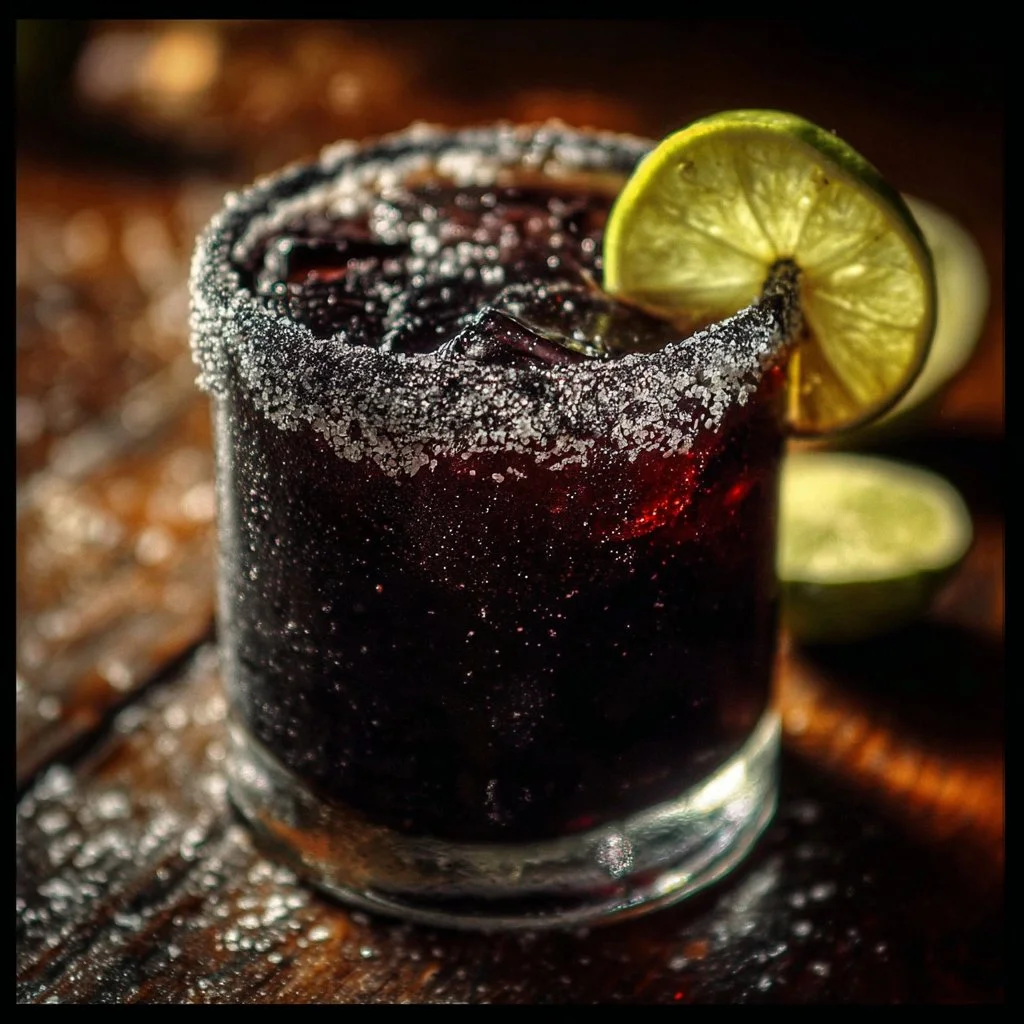 Black Margarita cocktail garnished with lime and salt on the rim