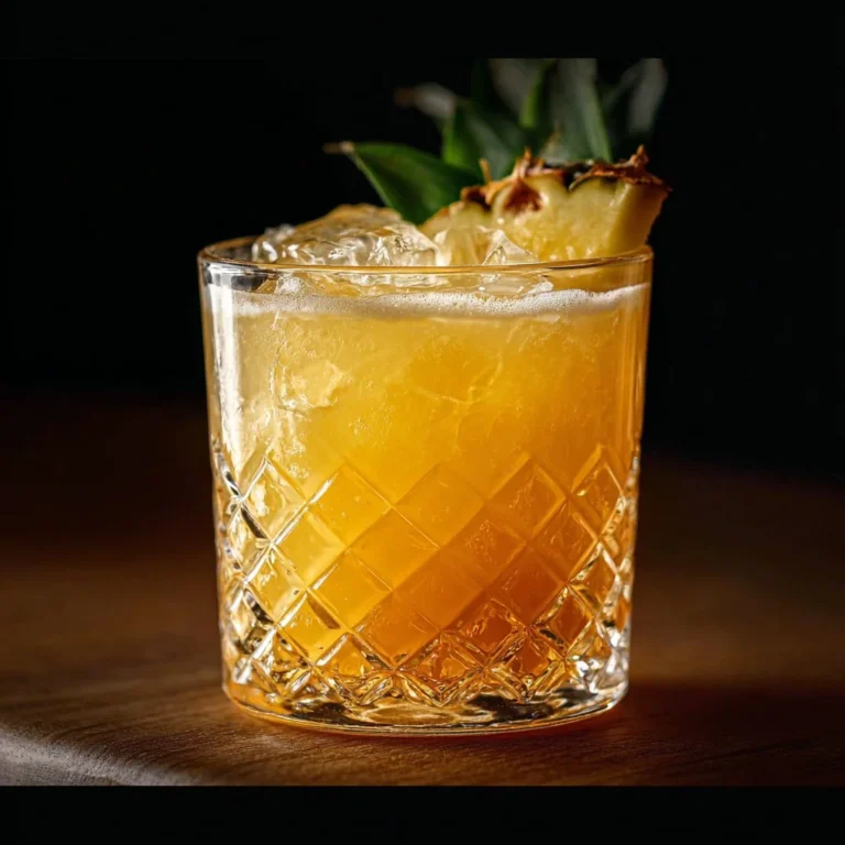 A vibrant Bourbon Pineapple Smash cocktail garnished with pineapple.