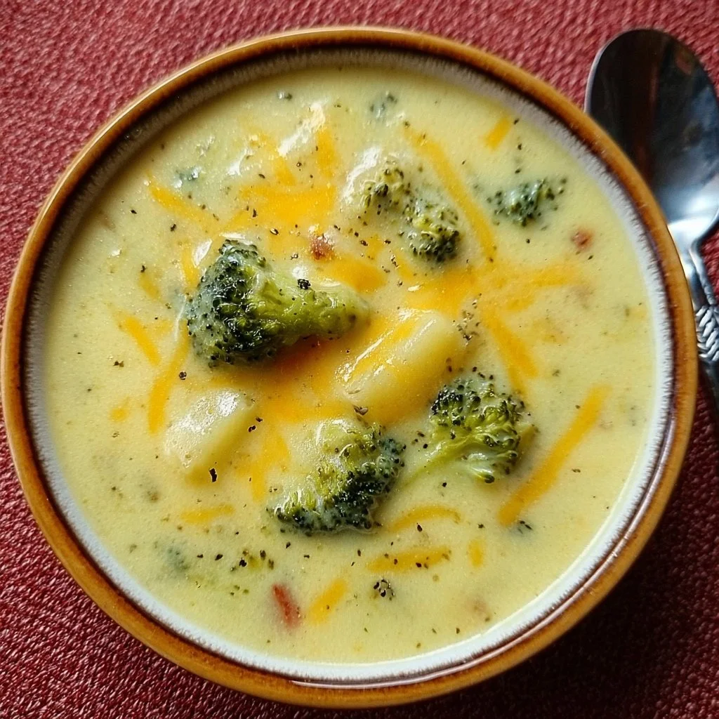 Creamy Broccoli Potato Cheese Soup served in a bowl, topped with cheese and herbs.