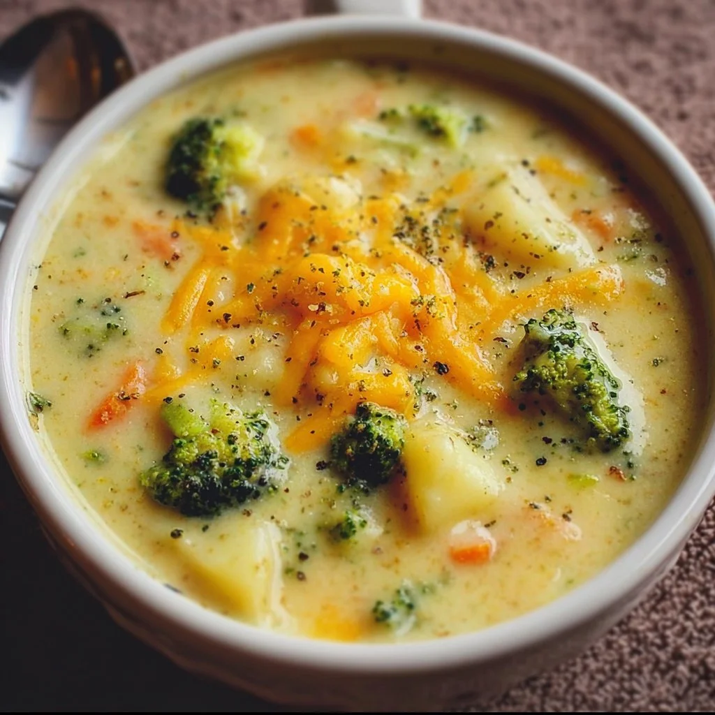 A bowl of creamy Broccoli Potato Cheese Soup topped with fresh herbs and cheese.