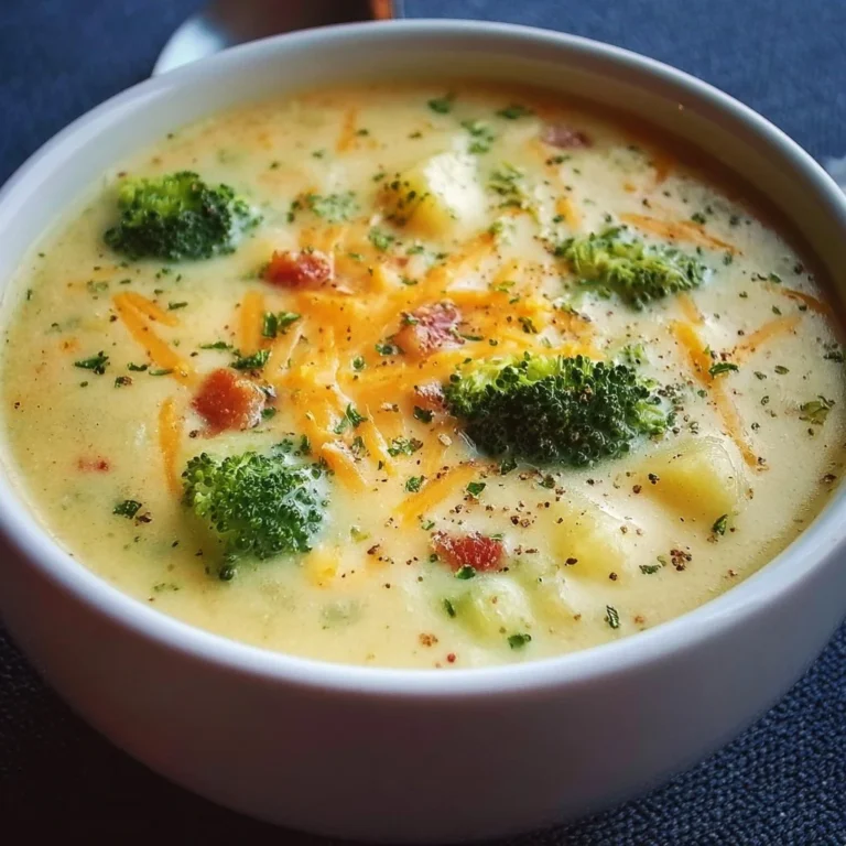 Bowl of cheddar broccoli potato soup garnished with herbs