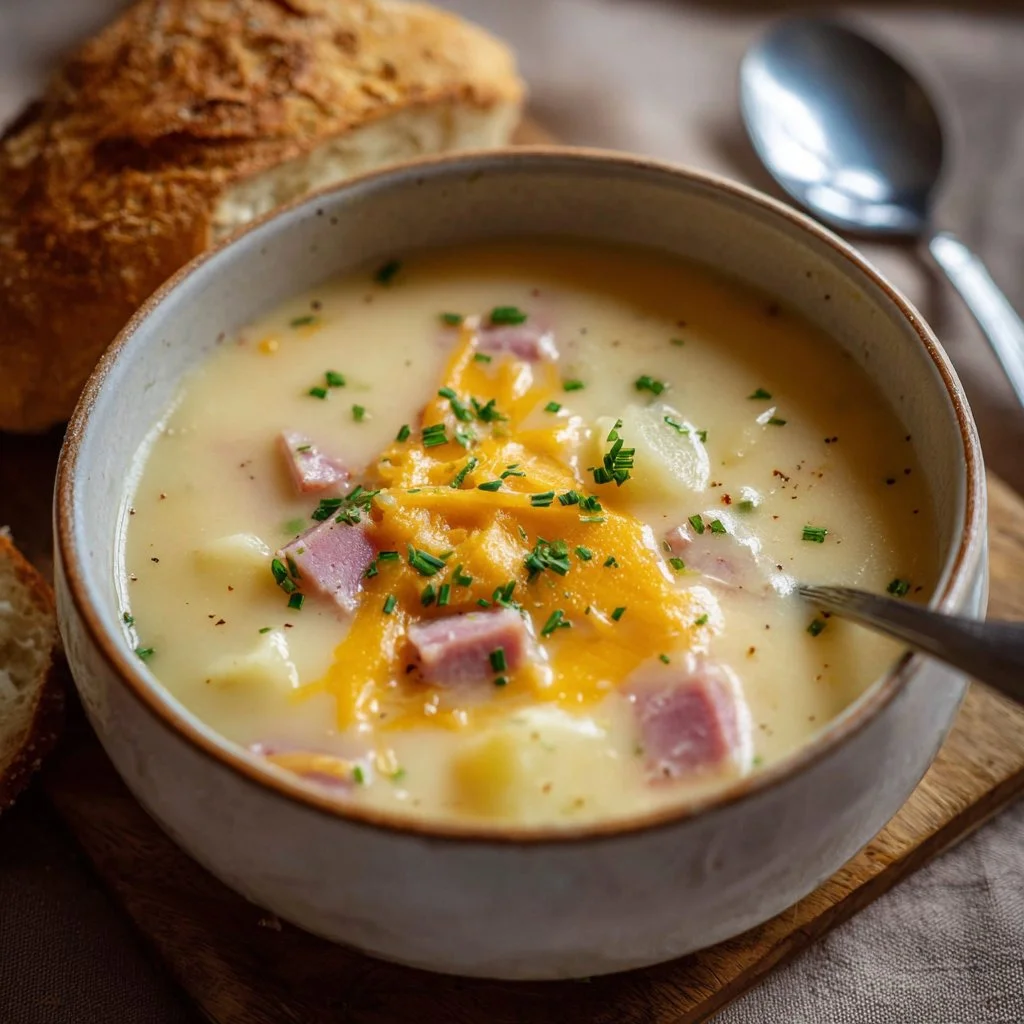 Bowl of creamy cheesy ham and potato soup with herbs on top