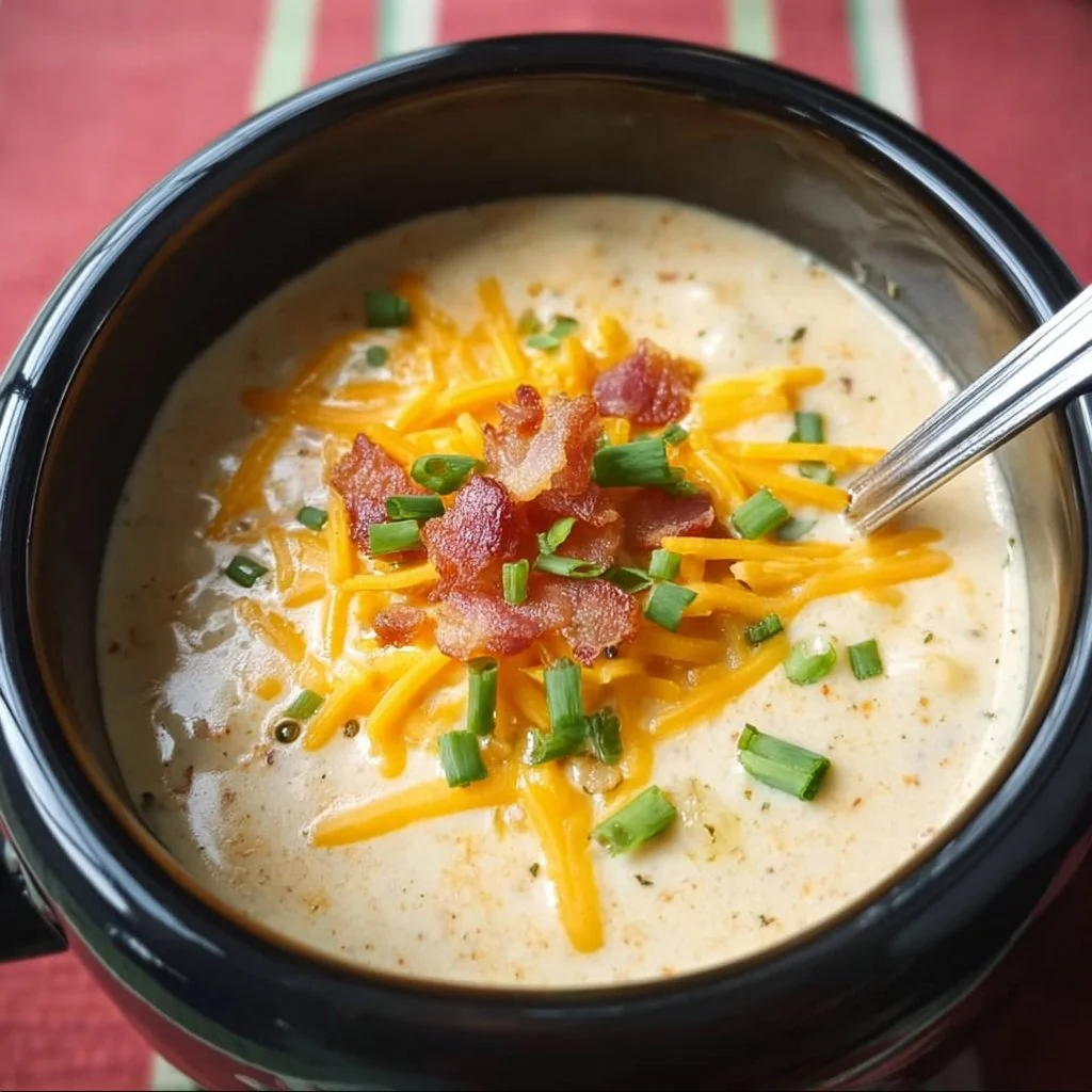 Bowl of creamy Cheesy Potato Soup with toppings garnished on a wooden table