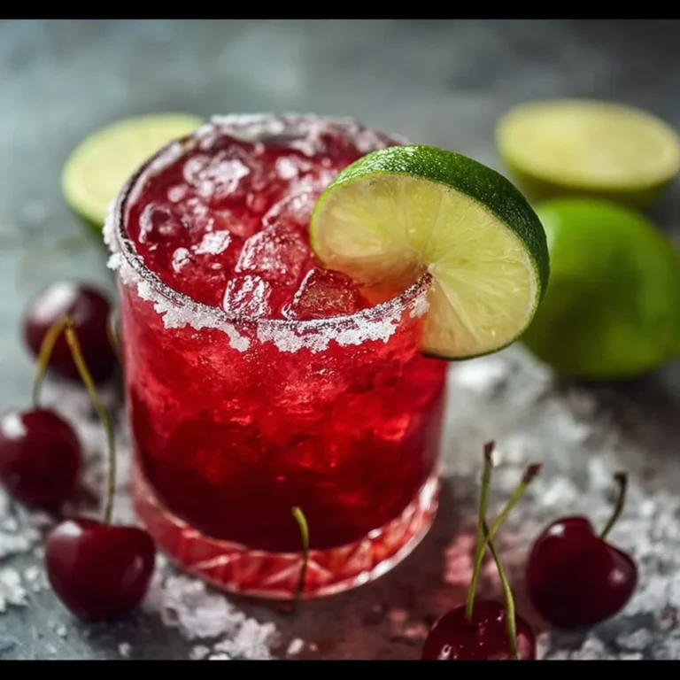 A refreshing Cherry Lime Margarita garnished with lime slices and cherries