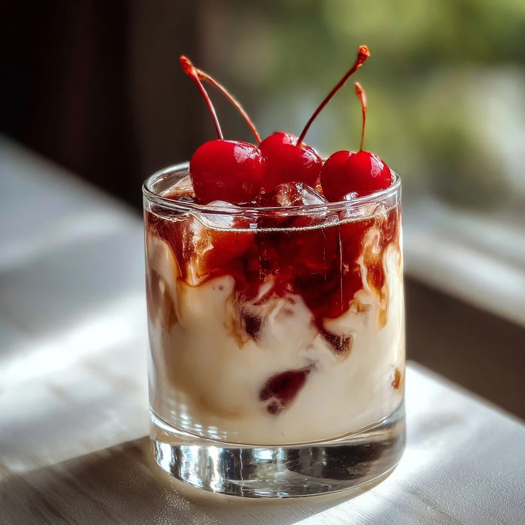 A Cherry White Russian cocktail garnished with cherries and cream in a glass