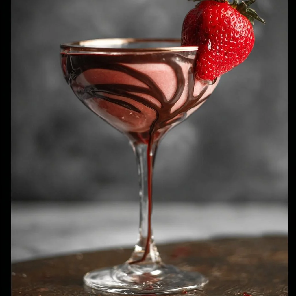 Chocolate Covered Strawberry Martini served in a glass with garnished strawberries