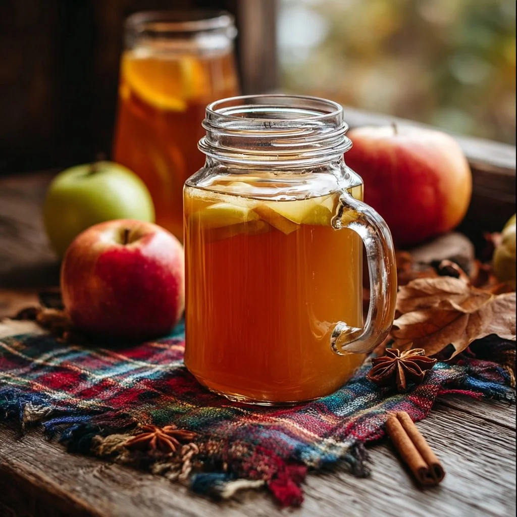 A glass of classic homemade apple cider with apples and spices nearby.