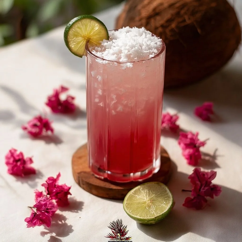 Coconut Hibiscus Breeze Mocktail garnished with hibiscus flowers and coconut shavings