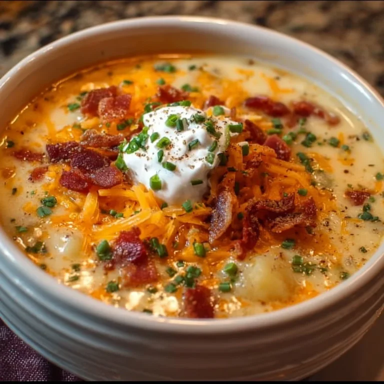 Bowl of comforting loaded baked potato soup topped with cheese and bacon