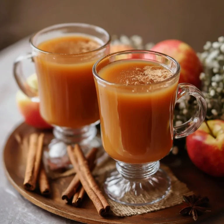 Warm and cozy caramel apple cider in a mug with apple slices and caramel drizzle