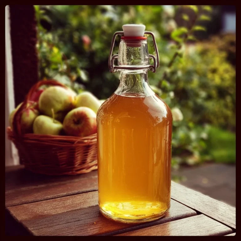 Homemade apple cider vinegar being crafted with fresh apples and fermentation jars.