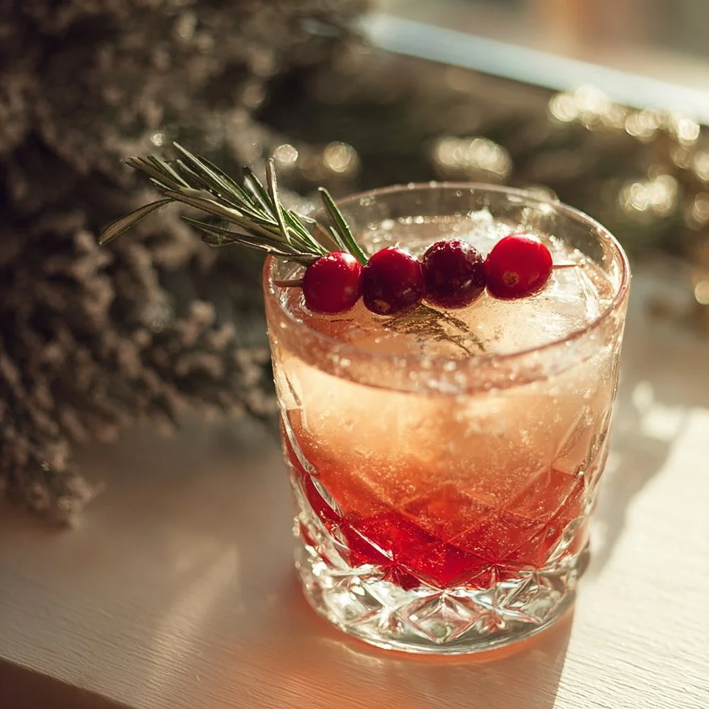 Cranberry rosemary winter cocktail garnished with fresh herbs and berries