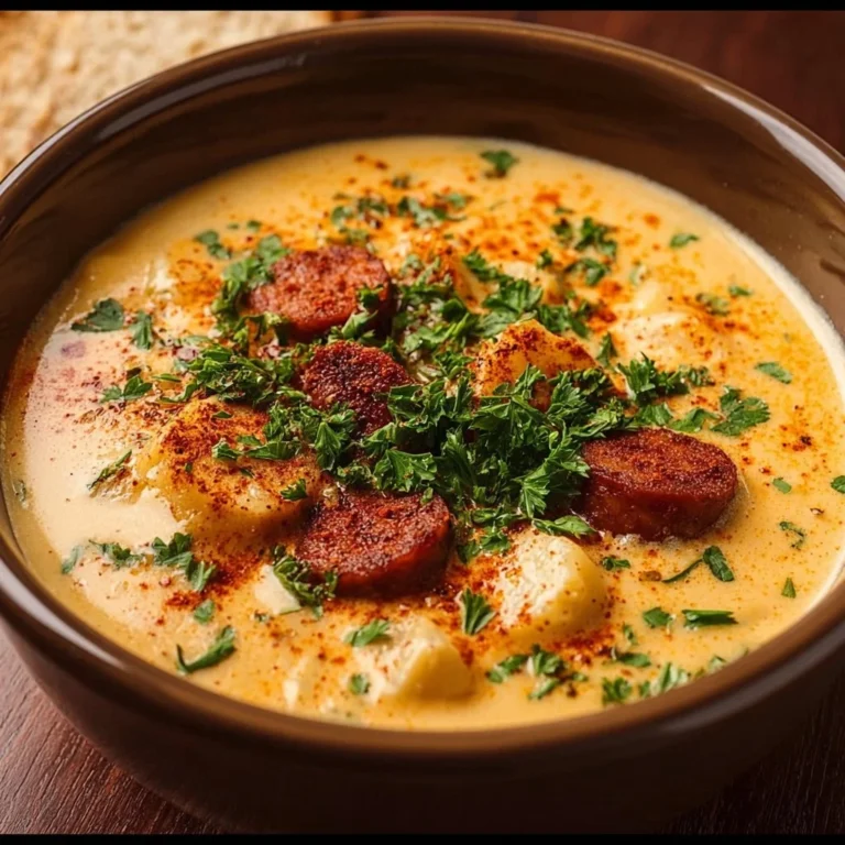 Bowl of creamy Cajun potato soup garnished with herbs and spices