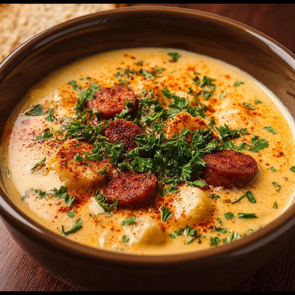 Bowl of creamy Cajun potato soup garnished with herbs and spices