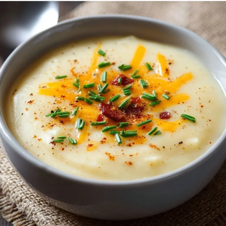 Bowl of creamy cheesy potato soup with herbs and cheese on top