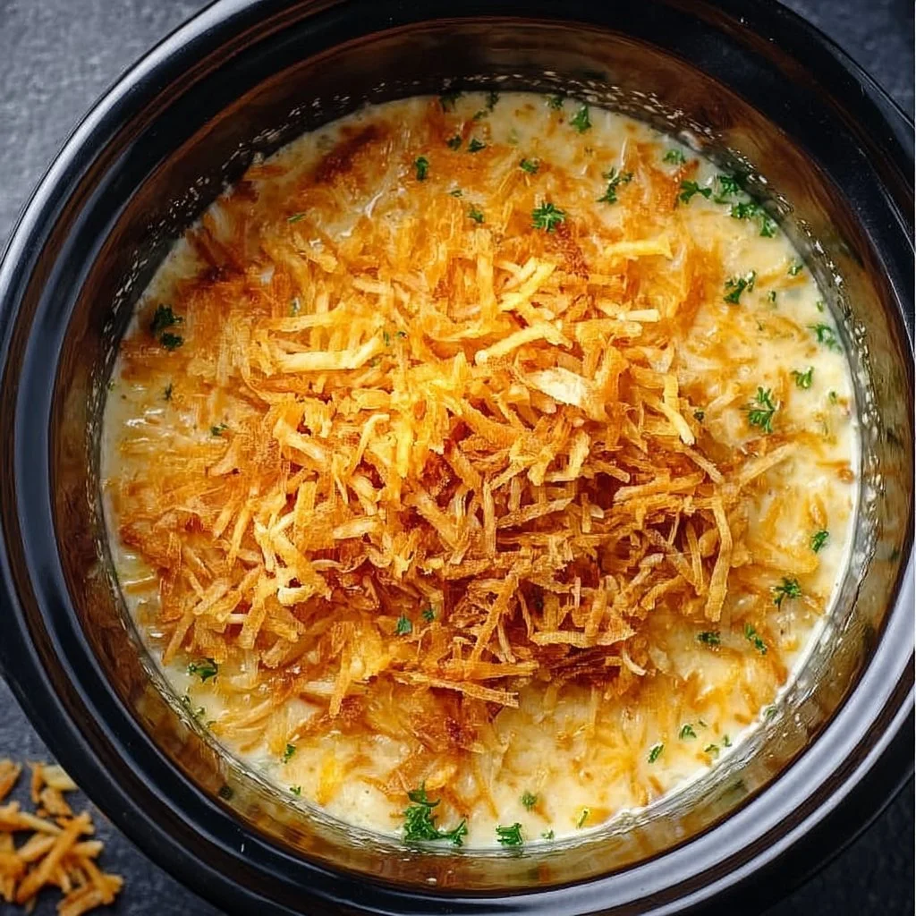 Creamy hash brown soup in a bowl, garnished with herbs