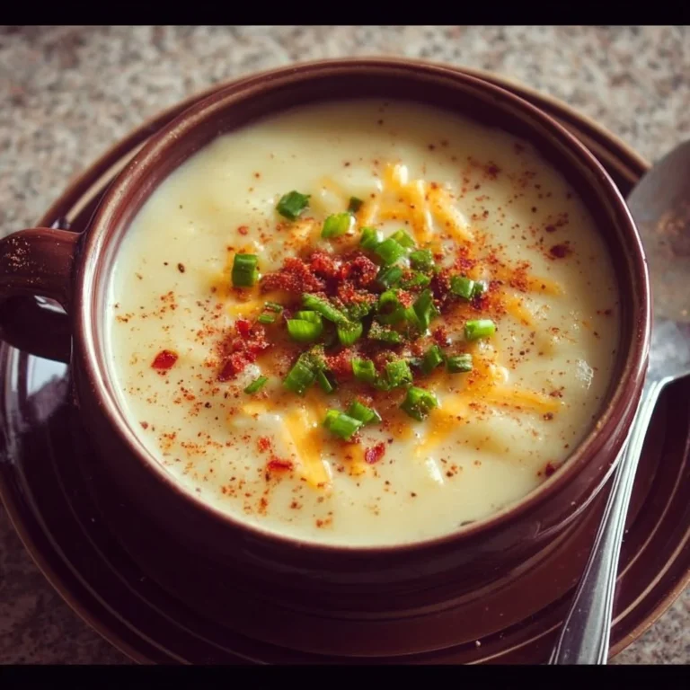 Bowl of creamy potato soup garnished with herbs and served with crusty bread.
